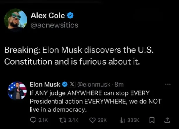 A screenshot of two tweets: the first from Alex Cole (@acnewsitics) reads 'Breaking: Elon Musk discovers the U.S…