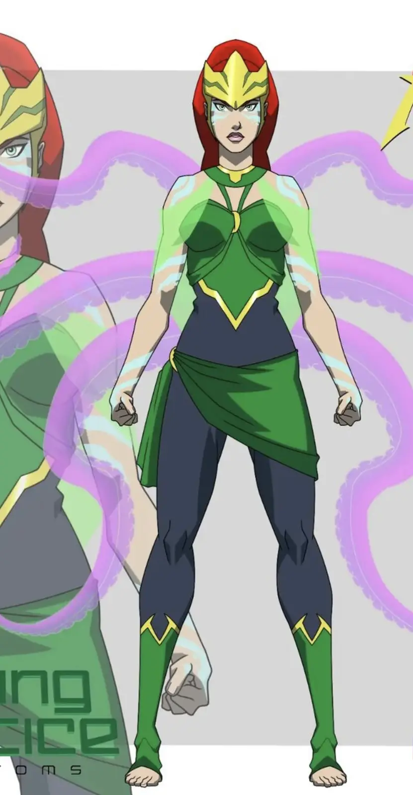 An anime-style female superhero character with red hair, a green and gold costume, and purple energy tendrils swirling…