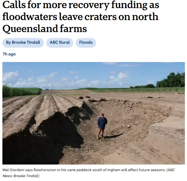 A news article screenshot shows a man standing in a large, muddy crater on a farmland field, with rows of crops visible in…