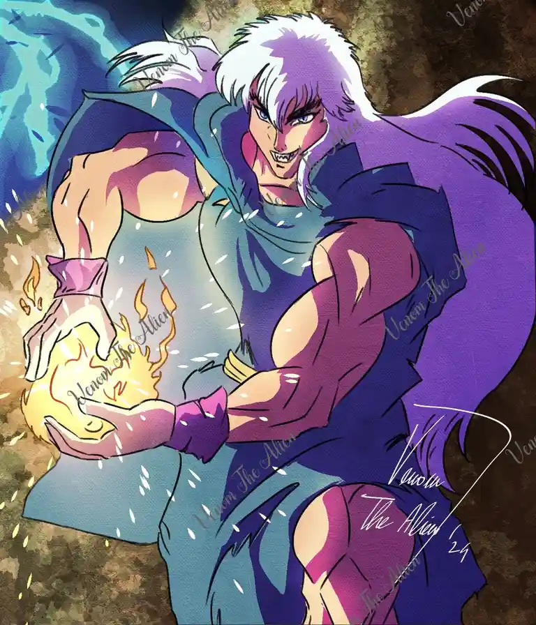 An anime-style illustration of a muscular man with spiky white and purple hair, wearing a purple and blue outfit, holding a…