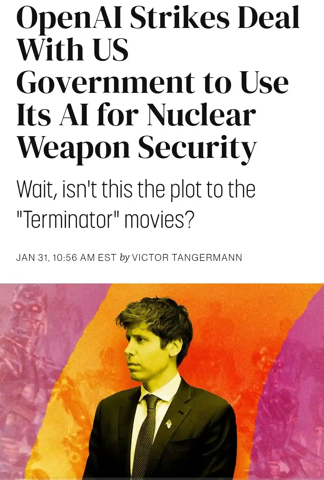 The image mimics a news article with a headline about OpenAI partnering with the US government for nuclear weapon security…
