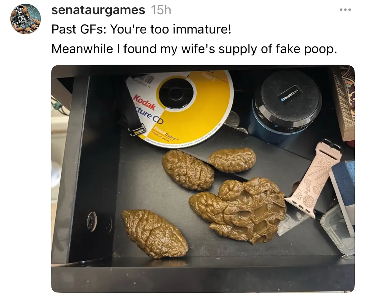 A close-up photo shows several brown, textured fake poop props sitting in a black drawer next to a Kodak Picture CD, a…
