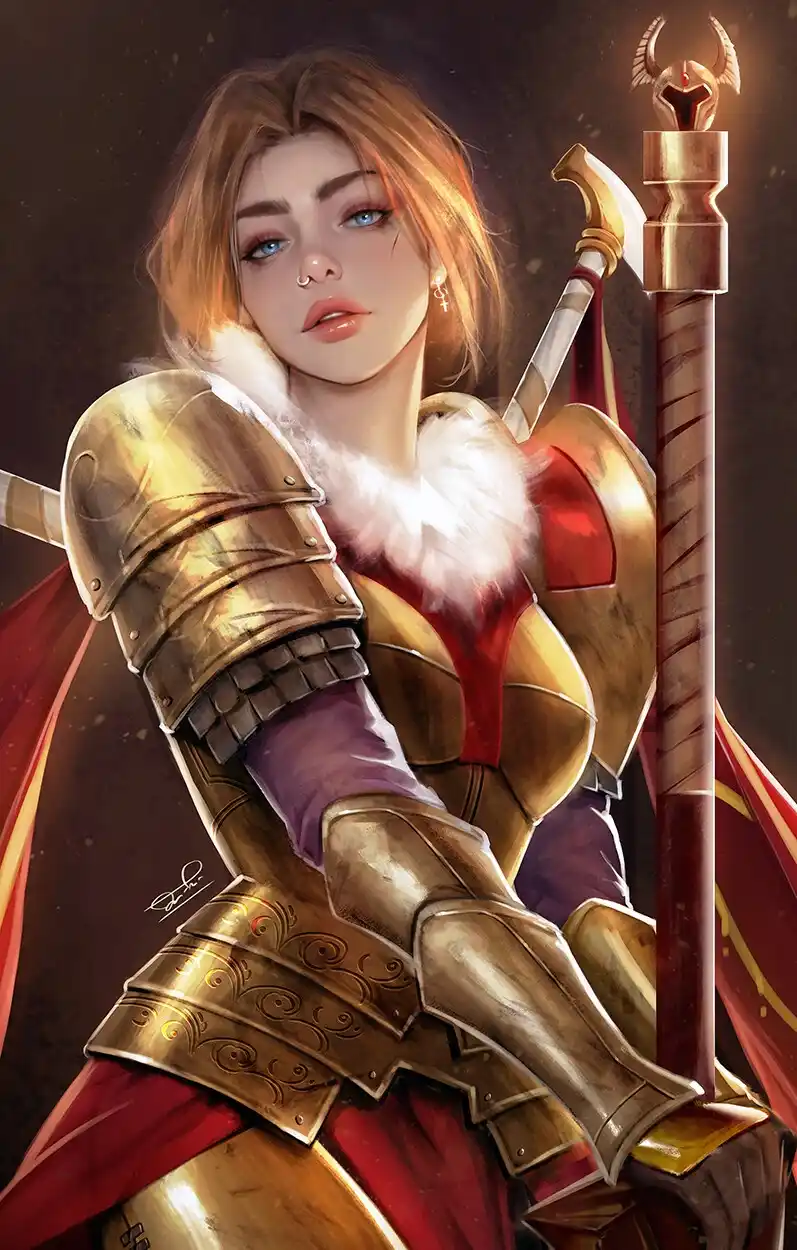 A digitally illustrated fantasy woman with blonde hair and blue eyes wears ornate golden armor with a white fur collar and…