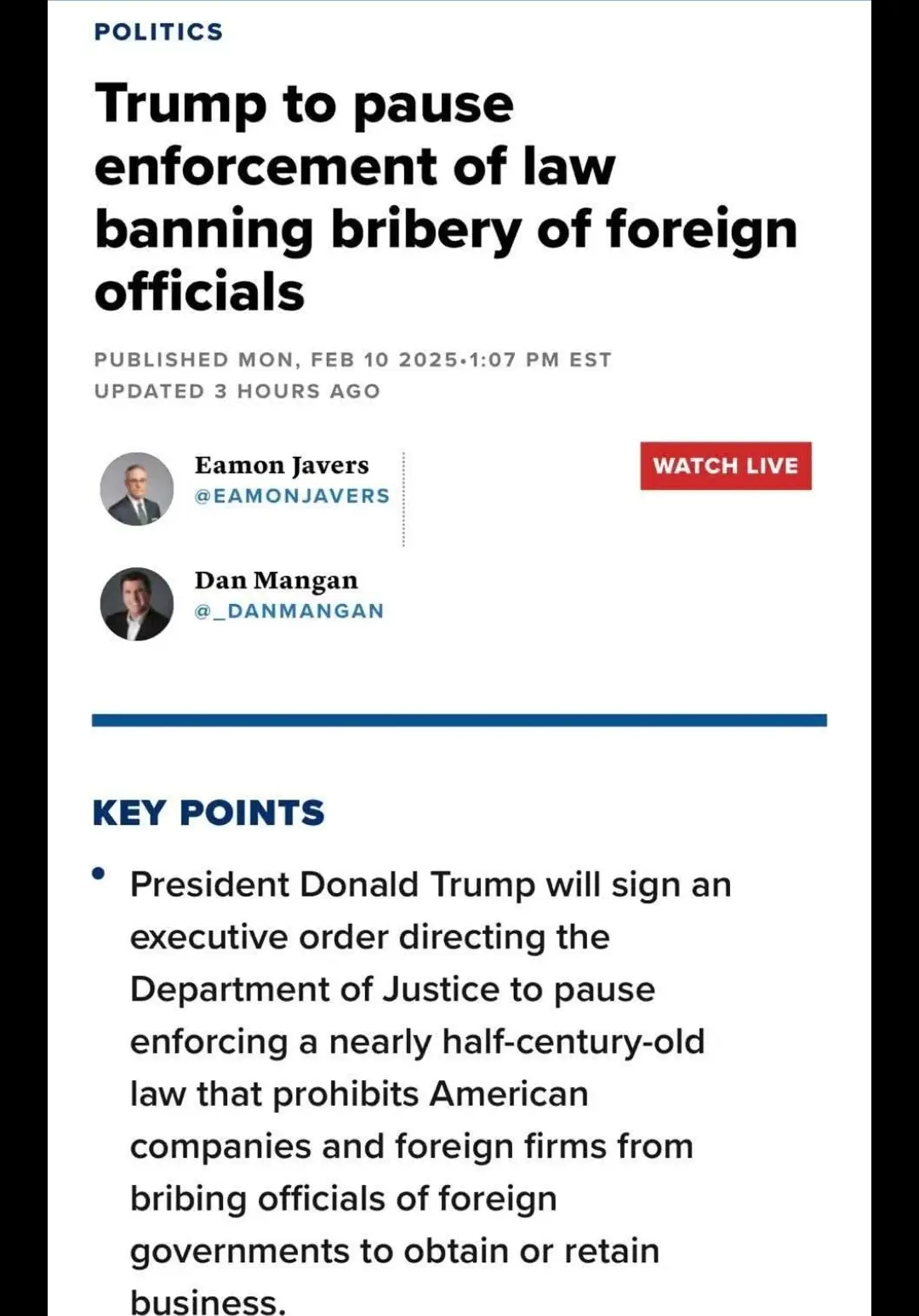 A screenshot of a news article from a 'POLITICS' section, with a headline stating 'Trump to pause enforcement of law banning…