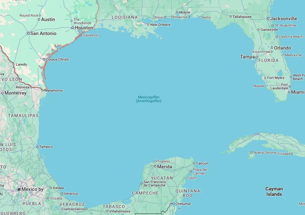 A map of the Gulf of Mexico with a dotted red line tracing the U.S. coastline from Texas to Florida, humorously labeled…