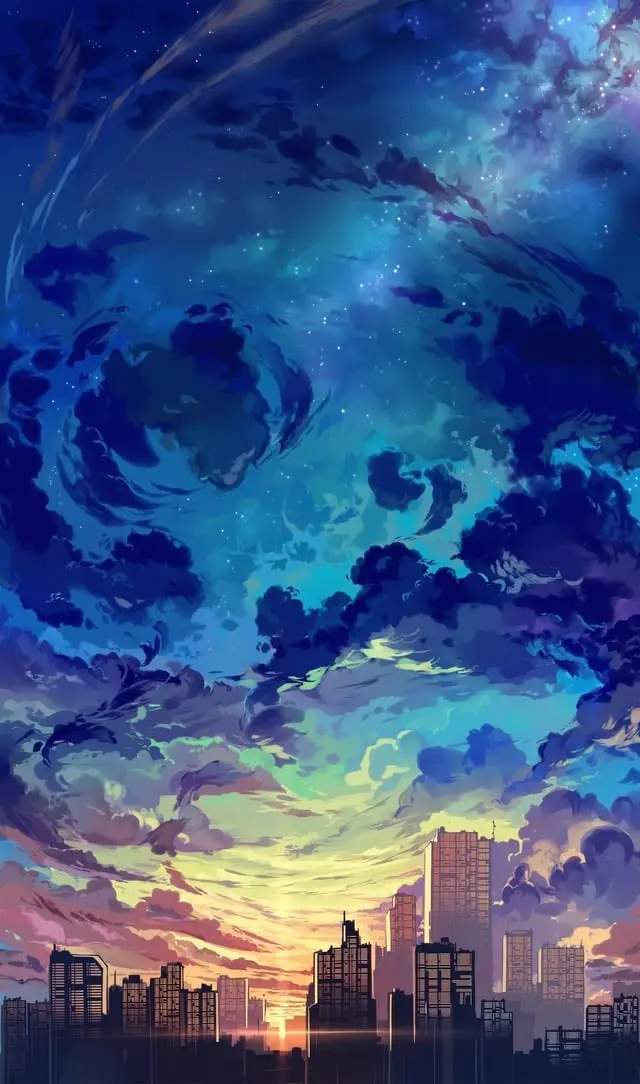 A vibrant, stylized illustration of a city skyline at sunset or sunrise, with silhouetted buildings against a dramatic sky…