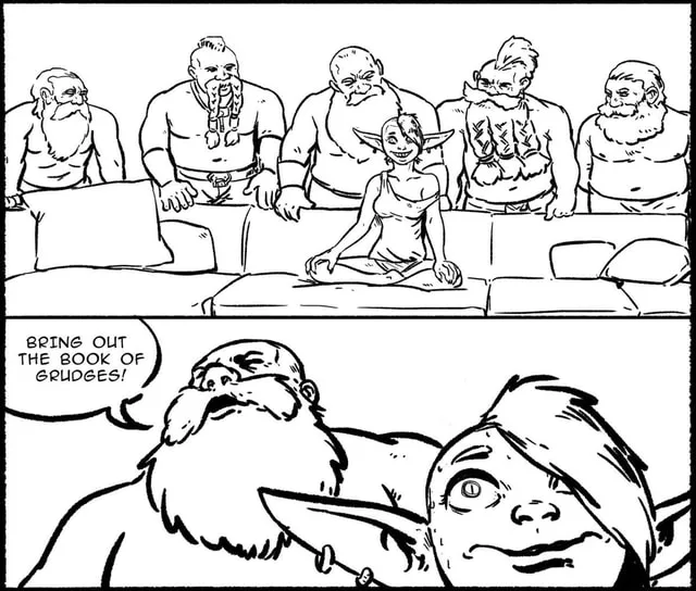 A black-and-white comic strip shows a small elf-like woman sitting calmly on a couch surrounded by five large, angry-looking…