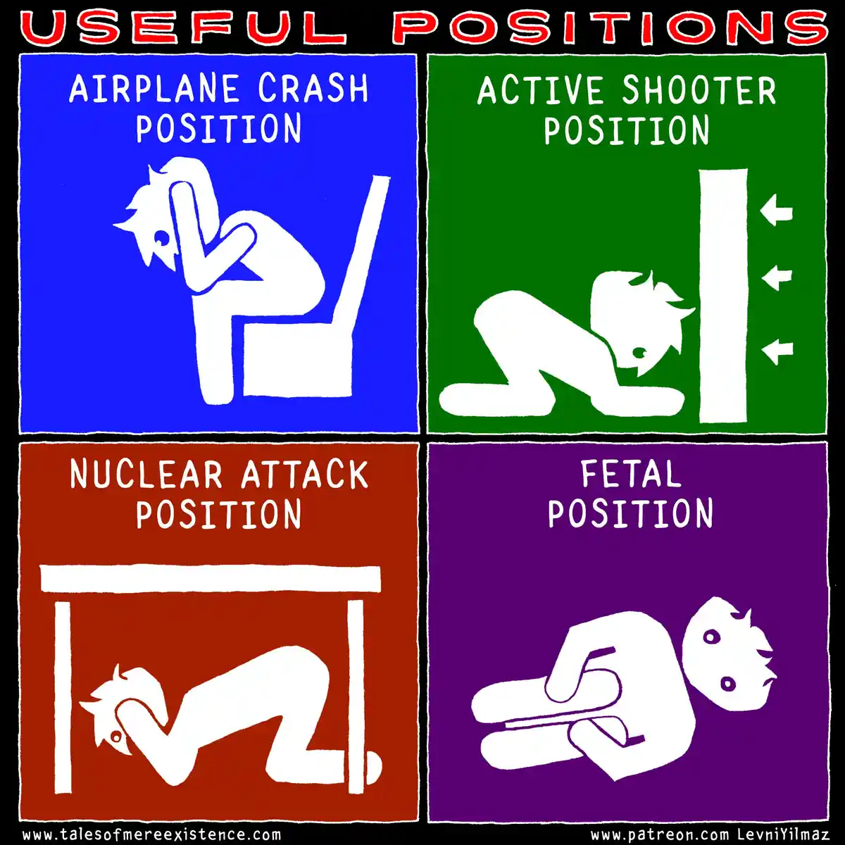 A four-panel meme titled 'USEFUL POSITIONS' shows white stick figures in different poses against colored backgrounds. Top…