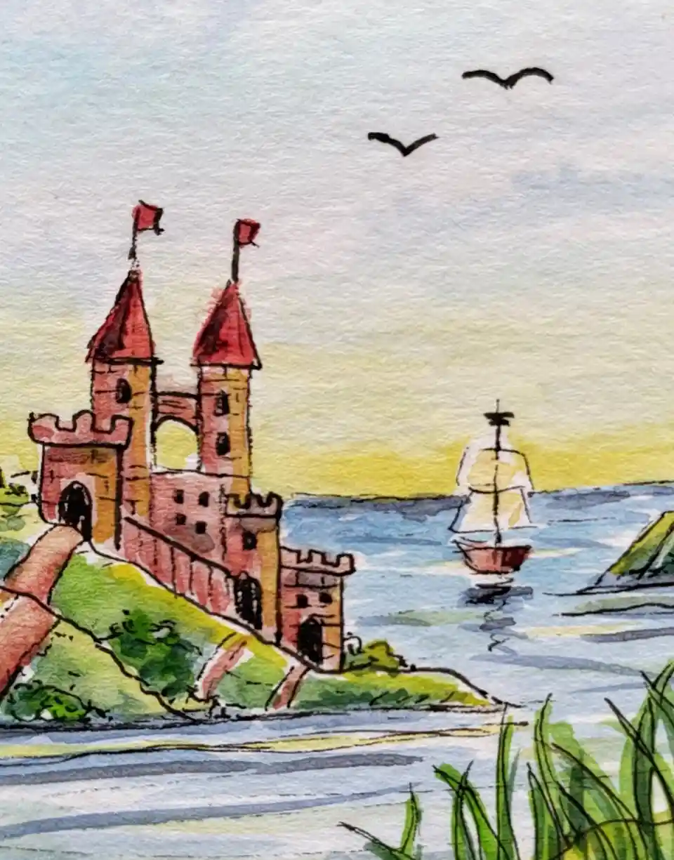 A watercolor painting depicts a whimsical castle with red-roofed towers and flags, situated on a grassy hill overlooking a…
