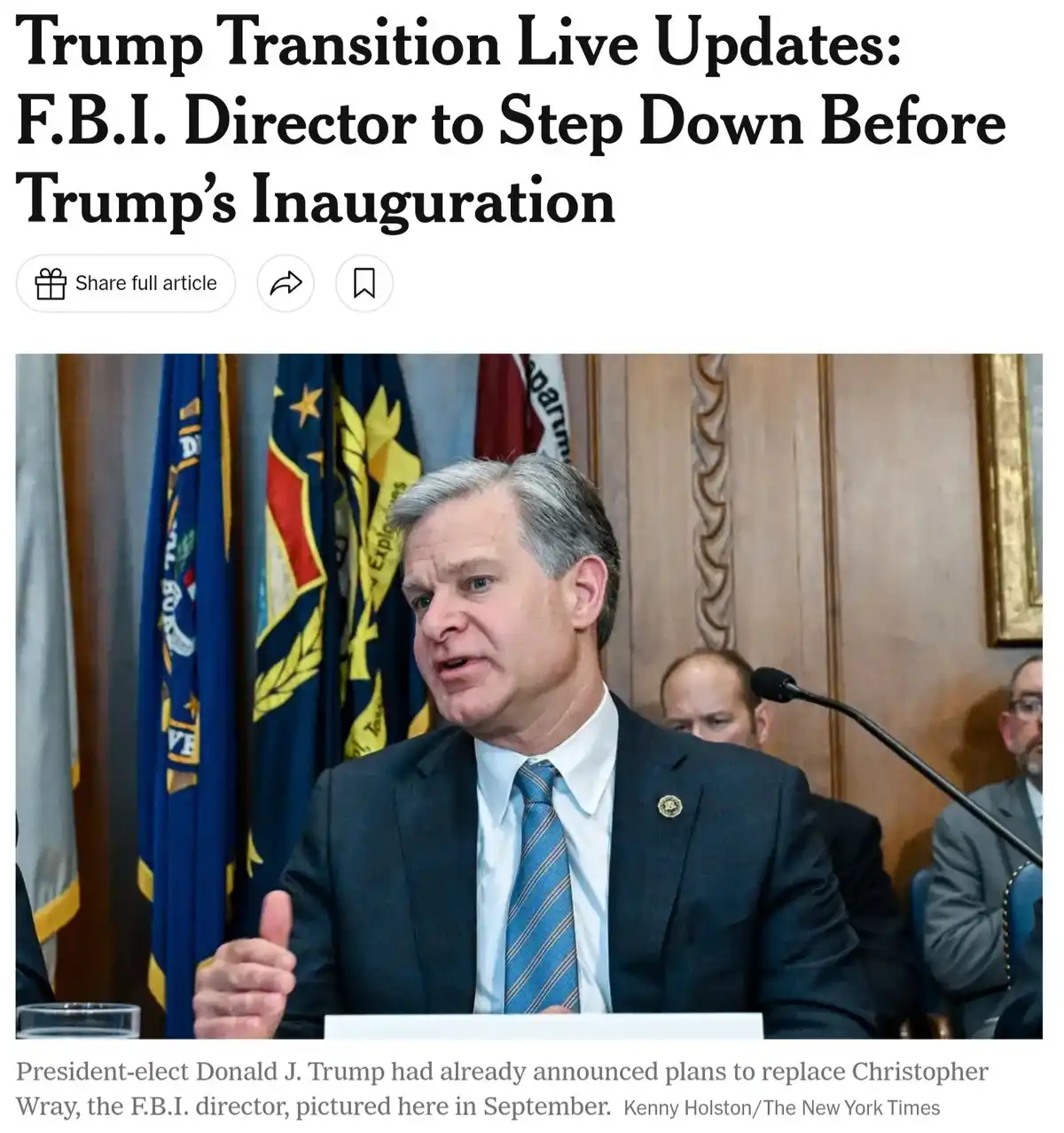 A screenshot of a news article header showing a photo of Christopher Wray, the F.B.I. director, speaking at a podium with…
