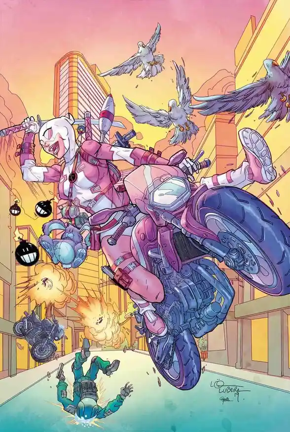 A comic book illustration shows a female character in a pink and white armored suit riding a purple motorcycle mid-air…
