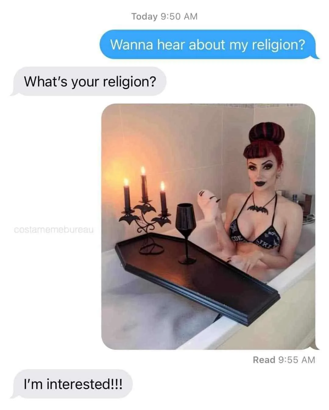 A screenshot of a text conversation shows one person asking 'Wanna hear about my religion?' and the other replying 'What's…