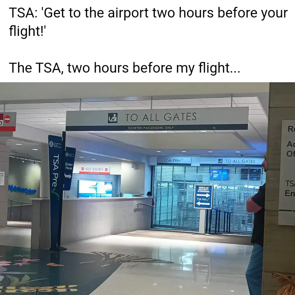 An airport security area with signs for 'TSA Pre✓' and 'TO ALL GATES' is shown, with a person partially visible on the…
