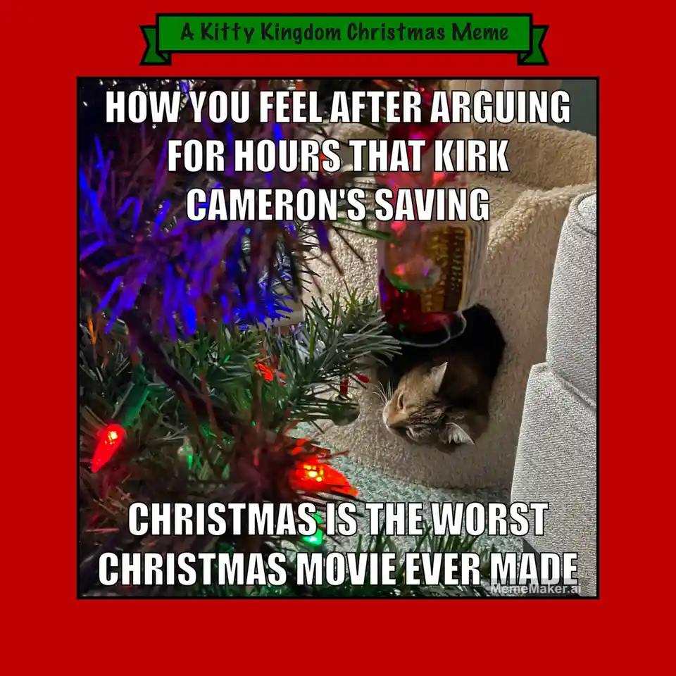 A brown tabby cat is curled up and sleeping soundly on a beige couch, nestled beside a decorated Christmas tree with red and…
