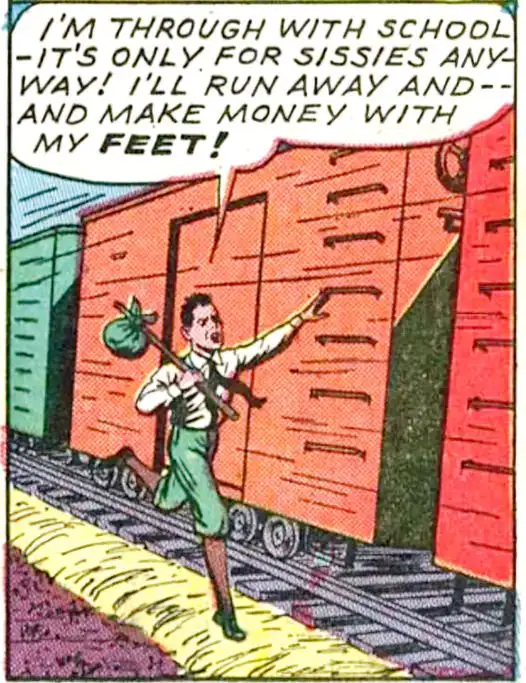 A vintage comic panel shows a young boy in a white shirt and green pants running away from a train station, holding a sack…