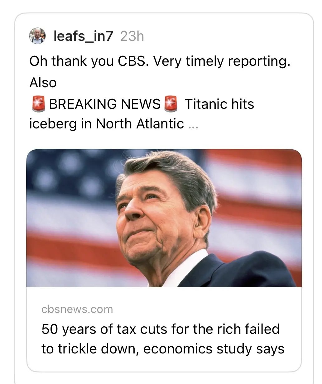 A screenshot of a social media post shows a photo of Ronald Reagan looking upward with a satisfied expression, set against…