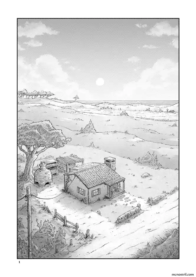 This is a black-and-white, halftone-style illustration of a serene countryside landscape featuring a small house with a…