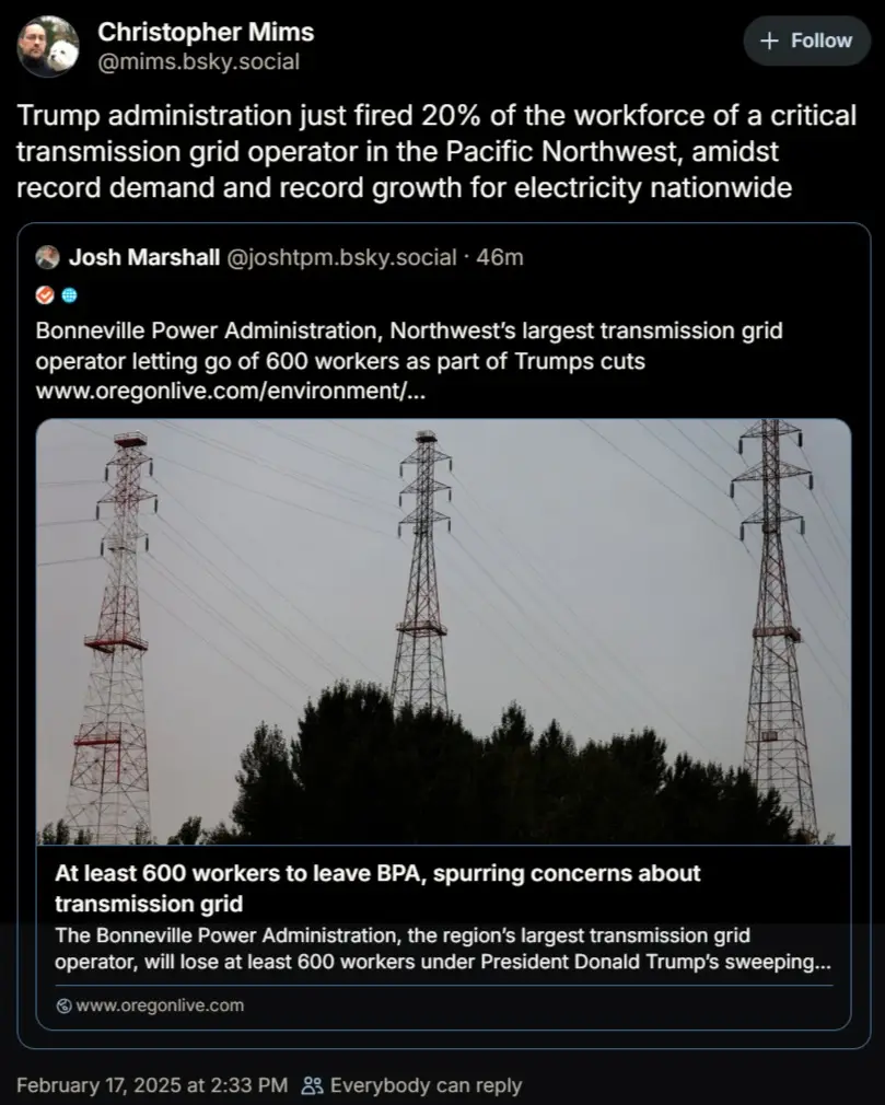 A screenshot of a social media post showing a photo of three tall electricity transmission towers against a gray sky with…