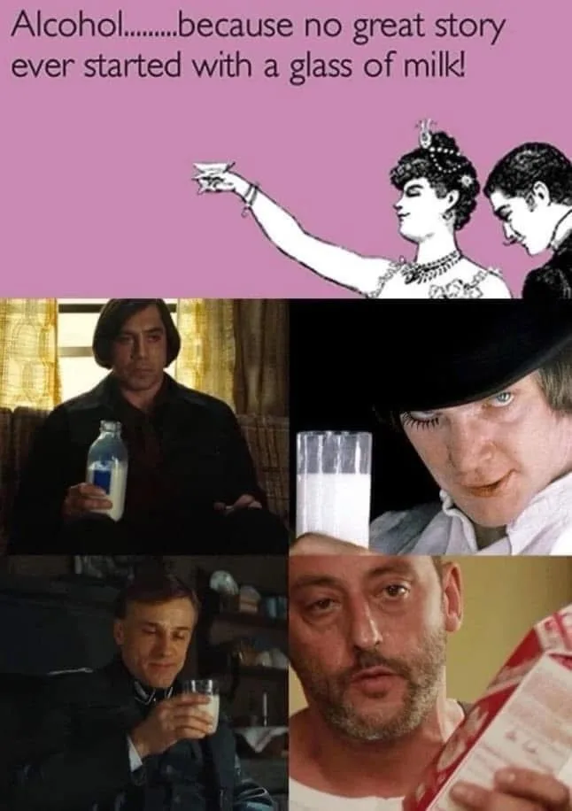 The image is a four-panel meme collage featuring actors holding milk or milk-related items, juxtaposed with a top panel…