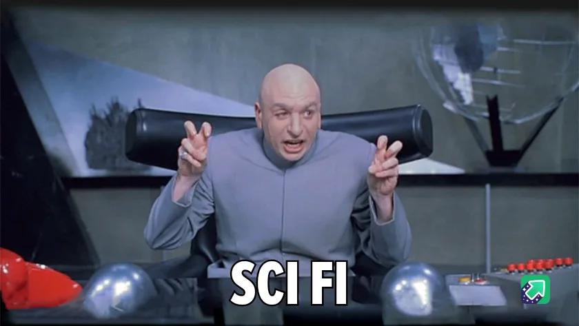 A bald man in a grey uniform sits in a futuristic chair with a surprised or alarmed expression, hands raised with fingers…