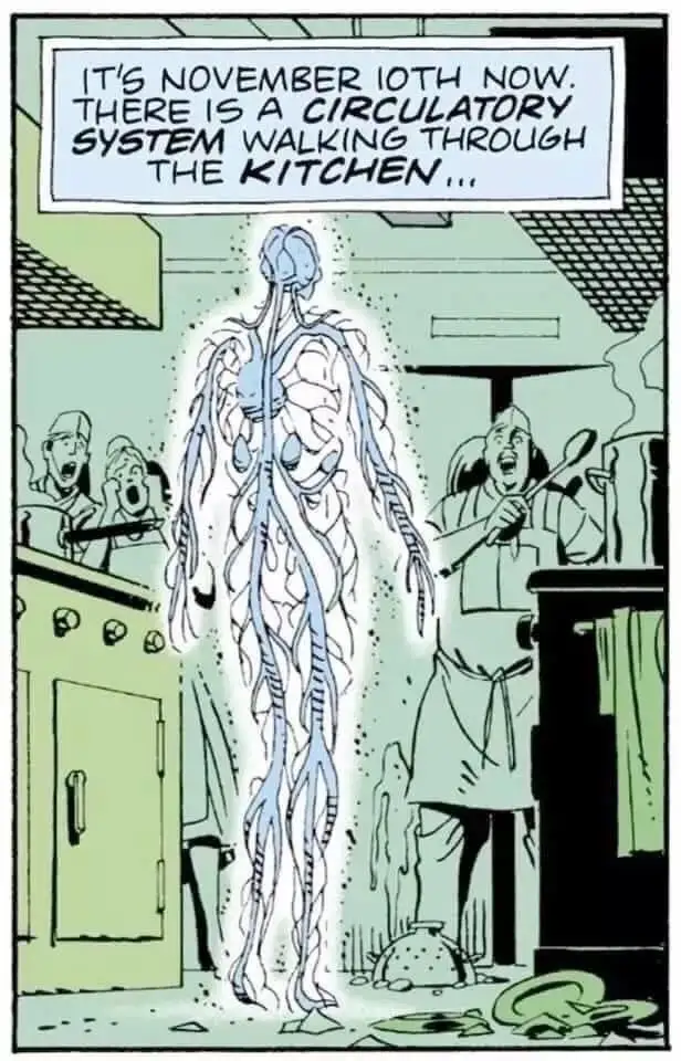 A comic panel shows a tall, translucent humanoid figure with visible blue veins and arteries, resembling a circulatory…