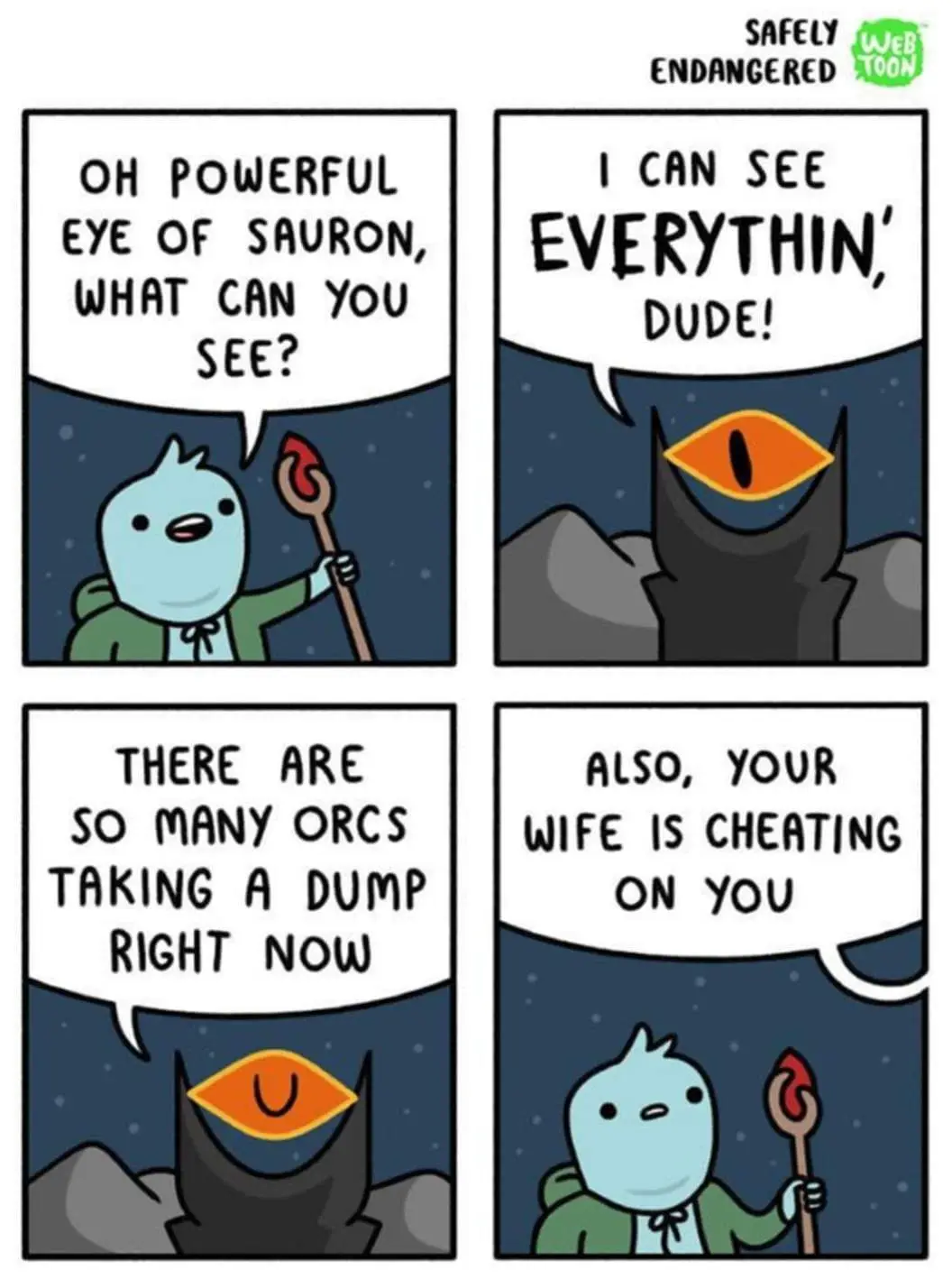 A four-panel comic strip from 'Safely Endangered' shows a small blue bird-like character asking the Eye of Sauron what it…