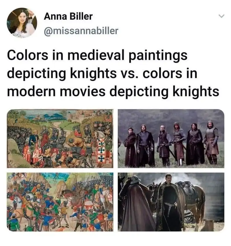 The image displays four panels: two medieval paintings showing knights in bright, varied colors like red, blue, and green…