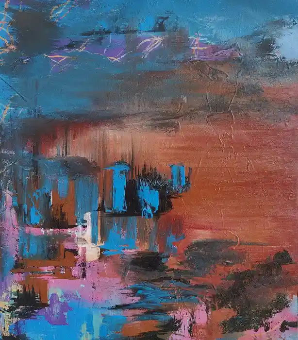 An abstract painting with bold brushstrokes in blue, orange, pink, and black, featuring layered textures and color…