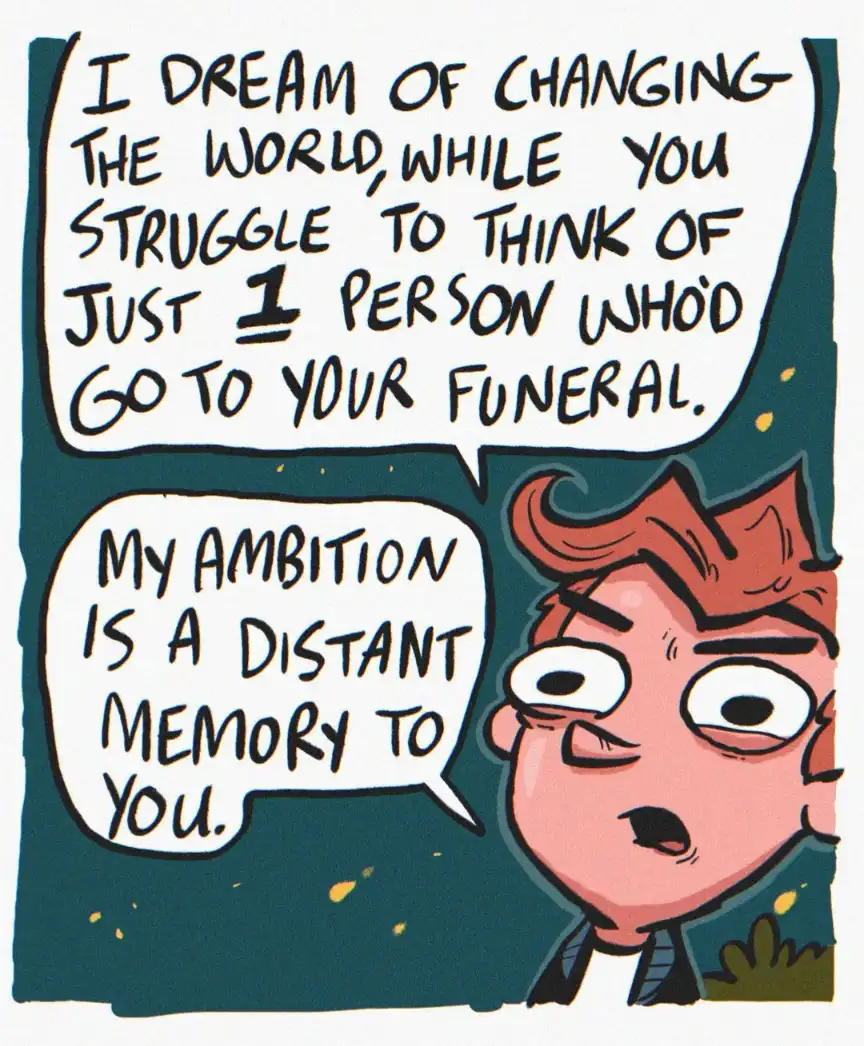 A cartoon character with red hair and wide eyes looks shocked as two speech bubbles appear above them. The top bubble reads…