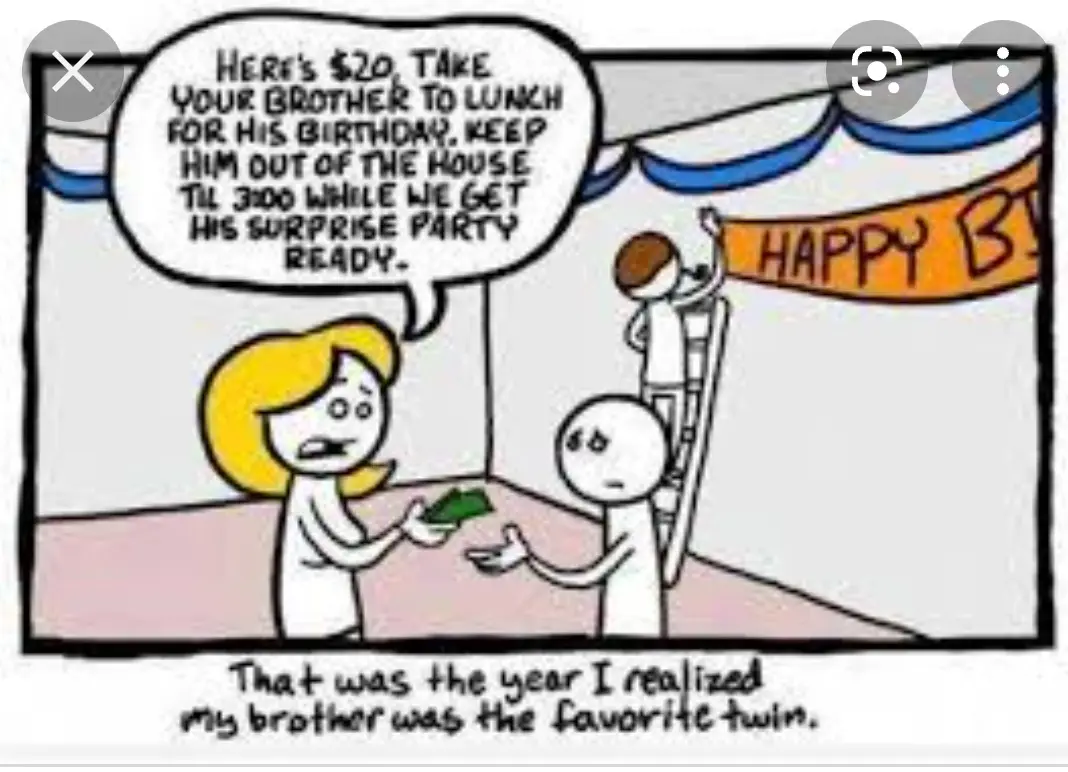 A cartoon depicts a woman handing money to a man, instructing him to take his brother to lunch and keep him out of the house…
