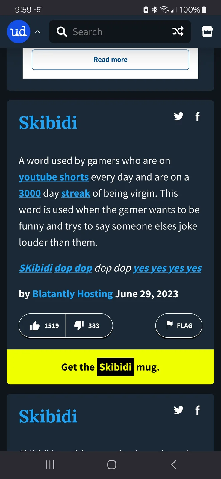 A screenshot of a user submitted definition on the website 'ud' (Urban Dictionary) for the word 'Skibidi'. The definition…