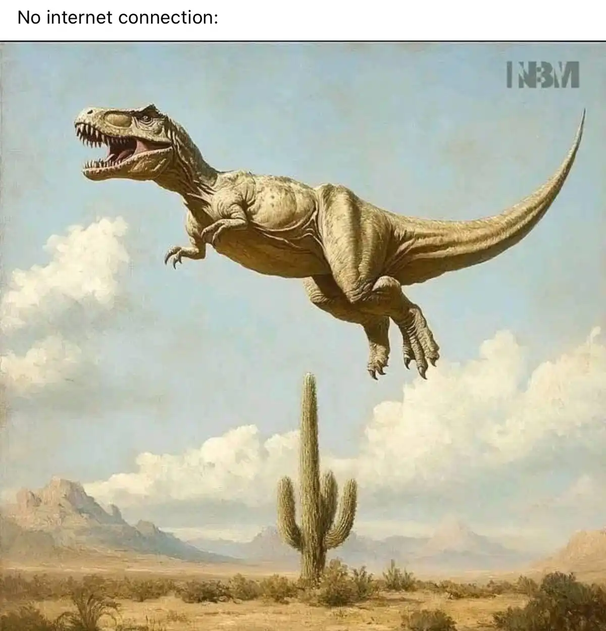 A painting depicts a Tyrannosaurus rex leaping through the air above a desert landscape with a saguaro cactus and distant…