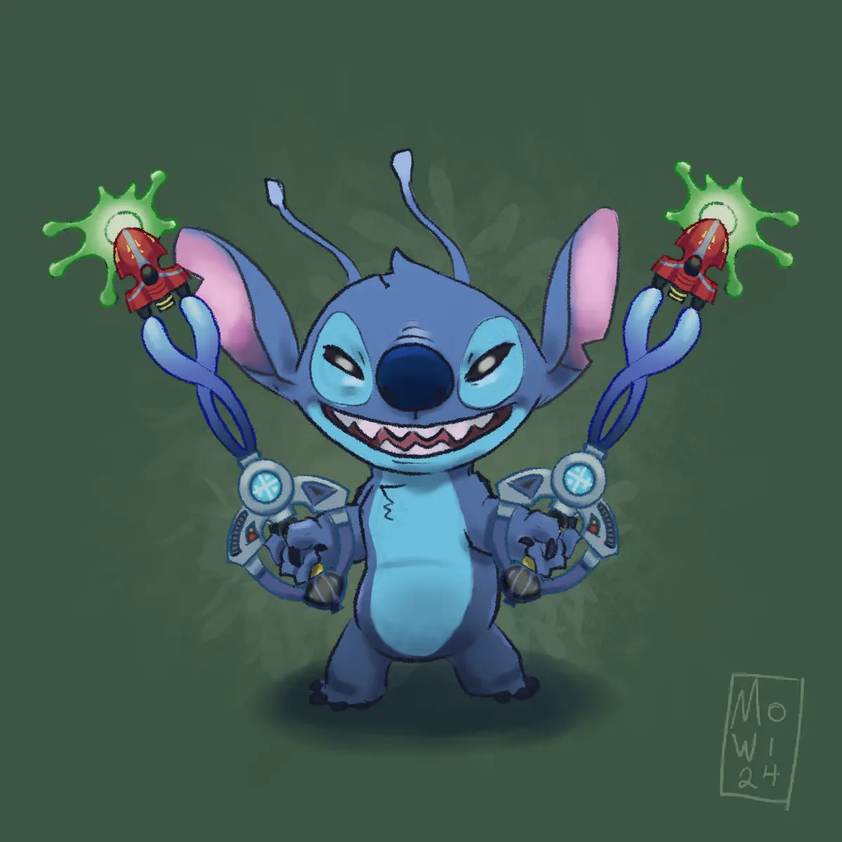 A cartoon blue alien character, Stitch, is depicted with four arms, each holding a futuristic weapon that emits green energy…