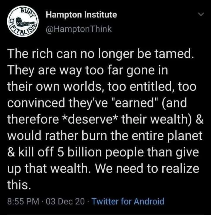 A screenshot of a tweet from the account @HamptonThink, which has a circular logo with the text 'BURY CAPITALISM' and an…