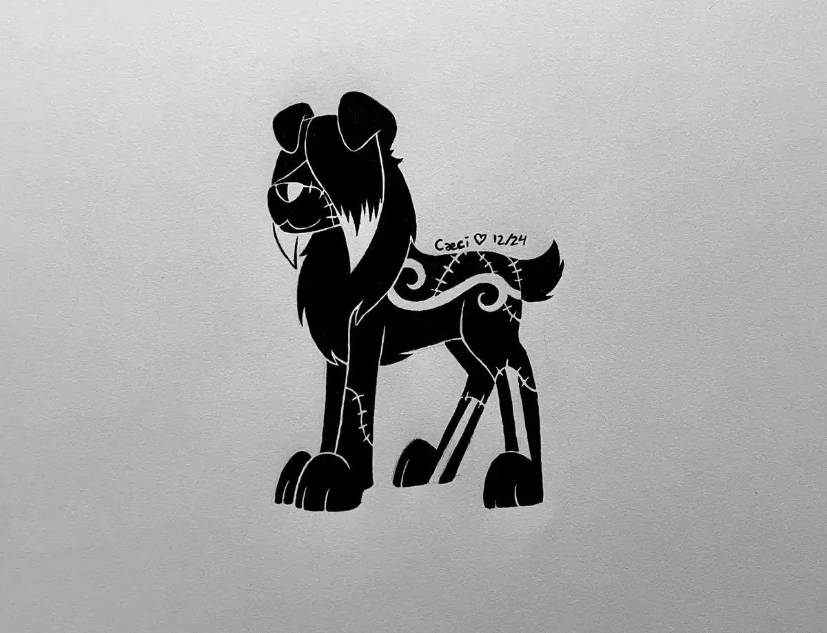 A black-and-white drawing of a stylized, stitched-up dog-like creature standing on a textured gray background. The creature…