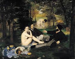 a classical painting depicts a group of people in a wooded area, with one man in a dark suit gesturing toward another man in…