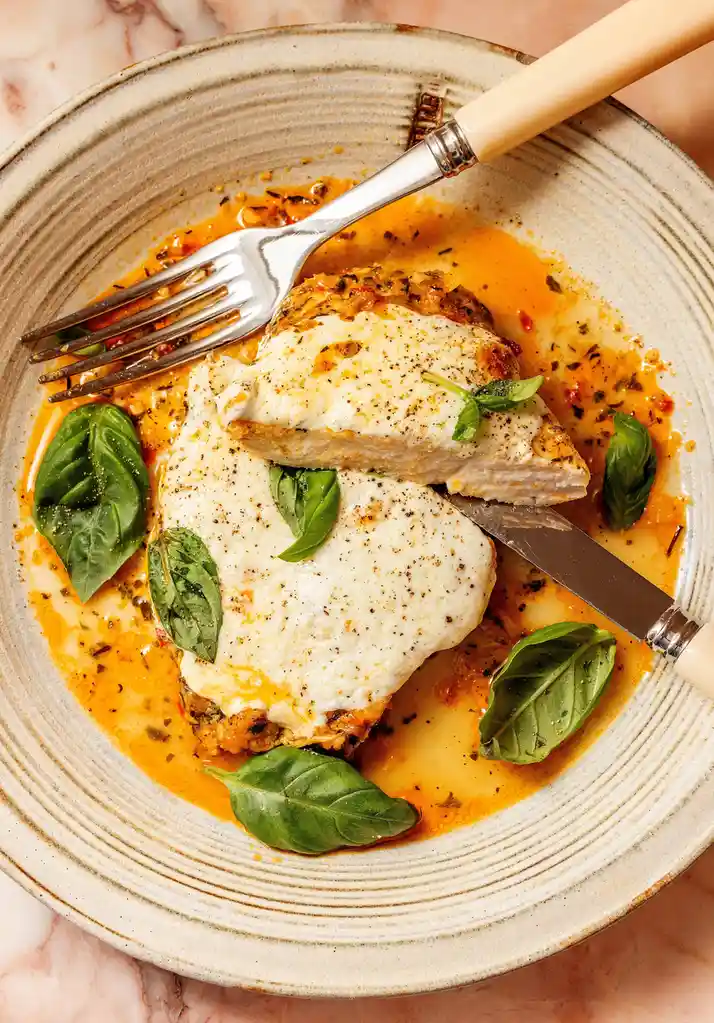 A close-up photo of a plated chicken dish topped with melted mozzarella cheese, fresh basil leaves, and a savory sauce, with…