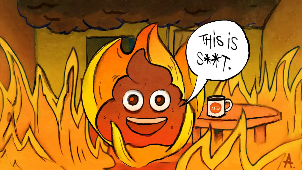 A cartoon poop emoji with a fiery halo and a smug smile is surrounded by flames, sitting at a table with a mug that says…