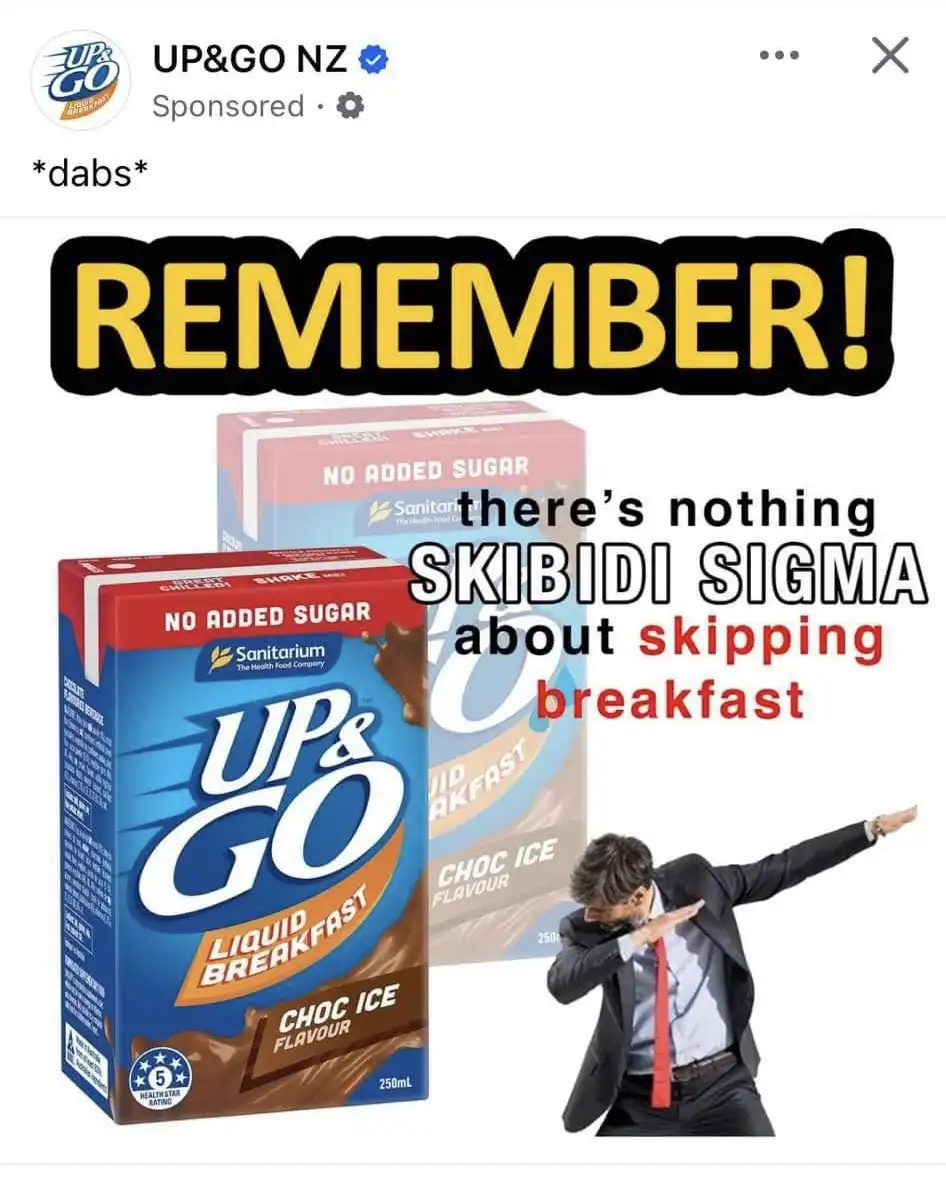 An advertisement image for UP&GO liquid breakfast shakes, featuring two boxes of the 'Choc Ice' flavor. Overlaid text reads…