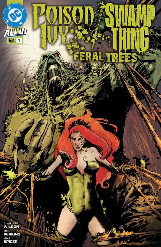 The image is a comic book cover featuring the DC characters Poison Ivy and Swamp Thing. Poison Ivy, with her signature red…