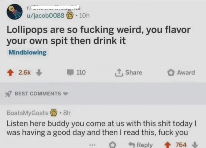 A Reddit comment screenshot showing a user named u/jacob0088 posting 'Lollipops are so fucking weird, you flavor your own…