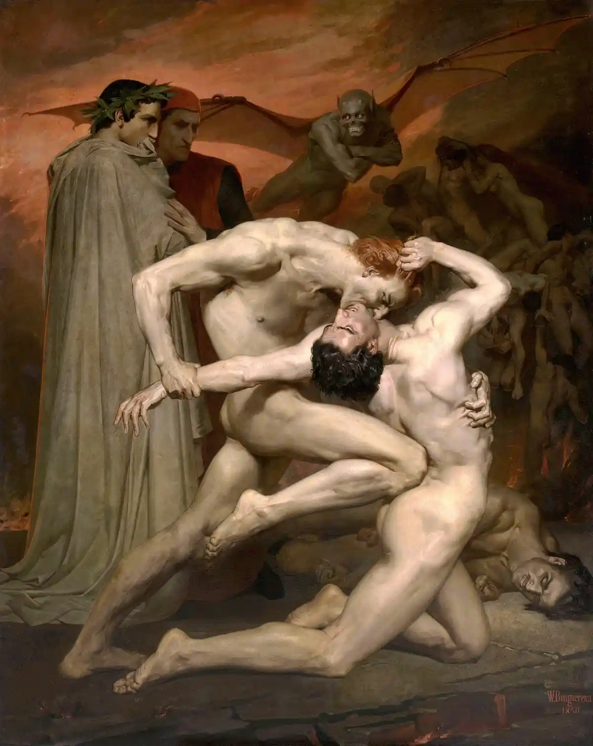 This is a classical painting depicting a muscular man being attacked by a demonic figure with bat-like wings, while two men…