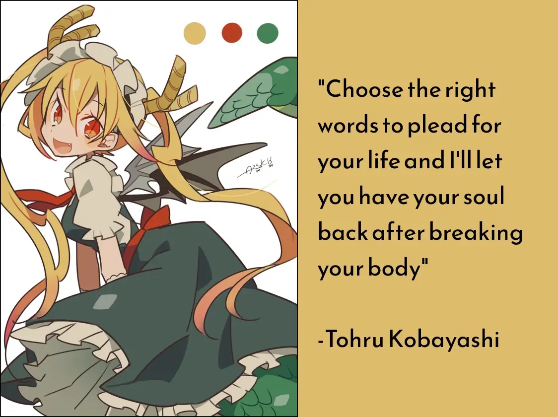 An anime-style illustration of a cheerful-looking girl with long blonde hair, red eyes, and dragon-like features including…
