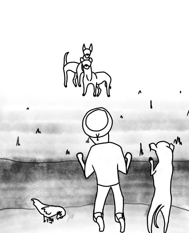 A black-and-white drawing shows a person from behind, standing with two dogs at their feet, looking up at two dogs floating…