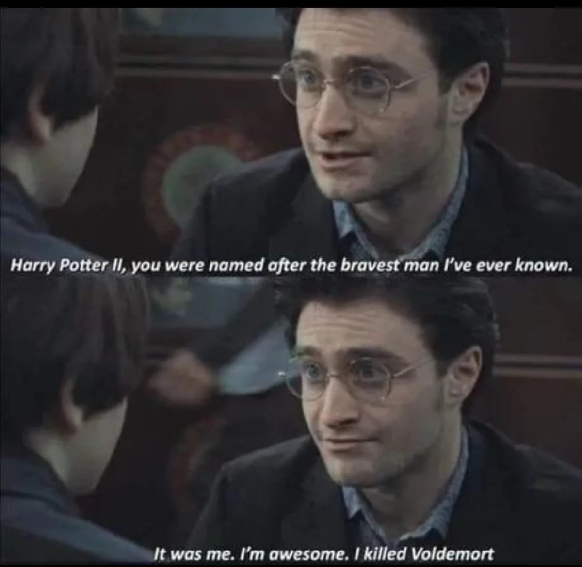 The image is a two-panel meme featuring actor Daniel Radcliffe as Harry Potter. In the top panel, he looks earnestly at…
