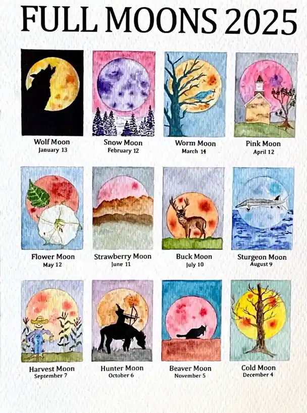 An illustrated calendar titled 'FULL MOONS 2025' displays twelve watercolor-style boxes, each depicting a full moon with a…