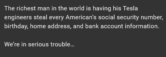 A dark gray background displays white text stating that the richest man in the world is having his Tesla engineers steal…