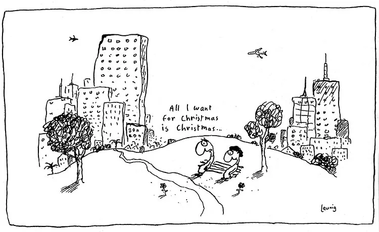 A black-and-white cartoon depicts two people sitting on a park bench in a city with tall buildings, trees, and airplanes…