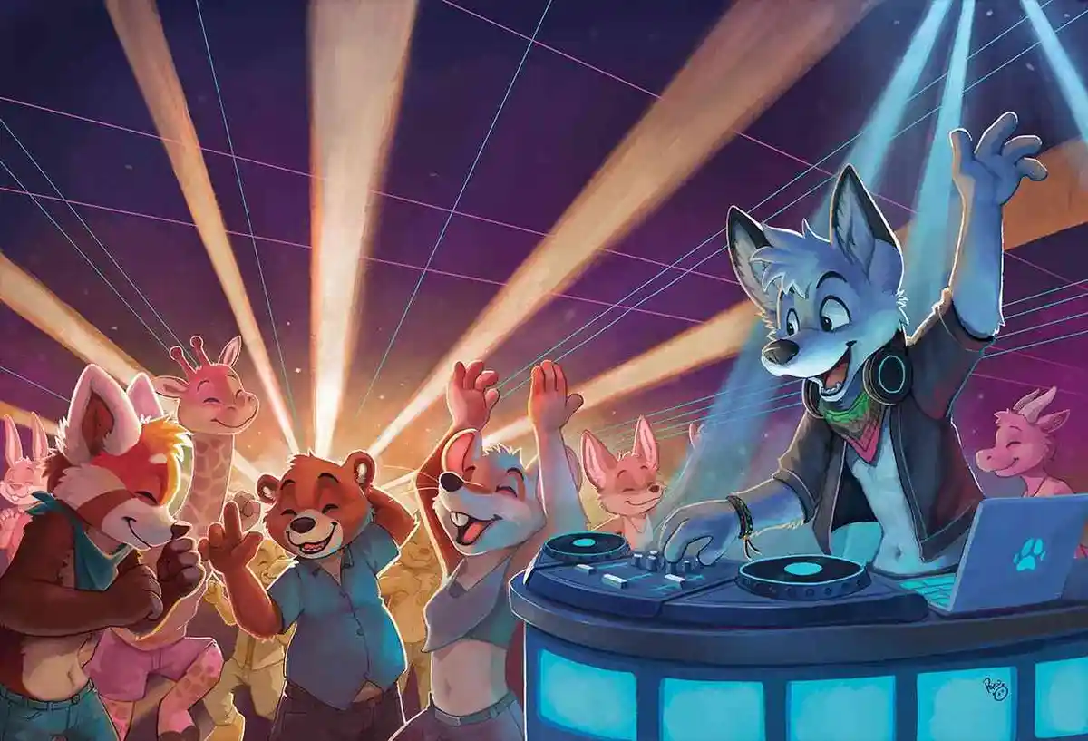 A vibrant, animated scene depicts a wolf DJ with headphones, enthusiastically mixing music at a glowing turntable setup…