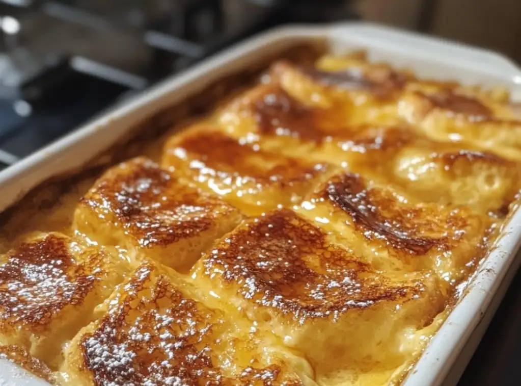 a close-up photo of golden-brown, caramelized french toast in a white baking dish, with a glossy, sugary surface and a…